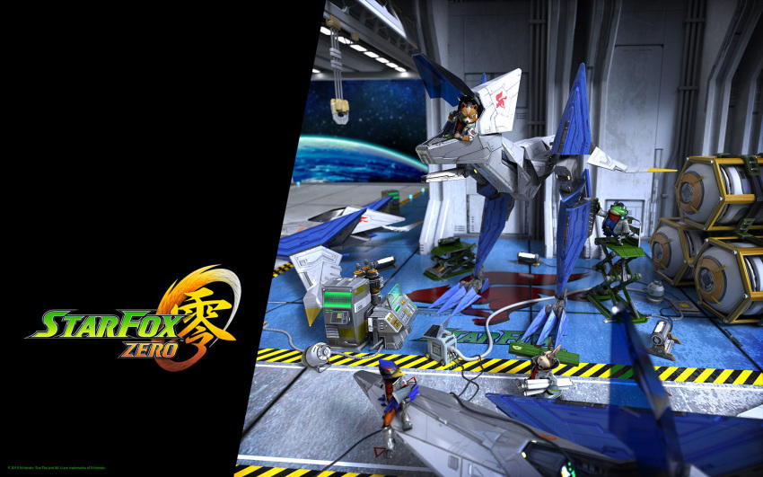 4boys airplane arwing blue_eyes boots carrying_over_shoulder copyright_name falco_lombardi fingerless_gloves fox_mccloud full_body furry gloves green_eyes hat headset highres jacket mecha multiple_boys nintendo no_humans official_art peppy_hare planet red_eyes scouter sitting slippy_toad space standing star_fox star_fox_zero wallpaper wrench