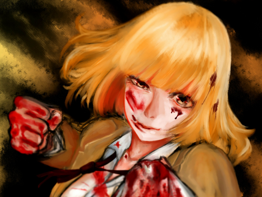 artist_request blonde_hair blood blood_on_face blood_on_hands bloody_clothes clothes_grab commentary_request highres midorikawa_hana prison_school short_hair solo_focus