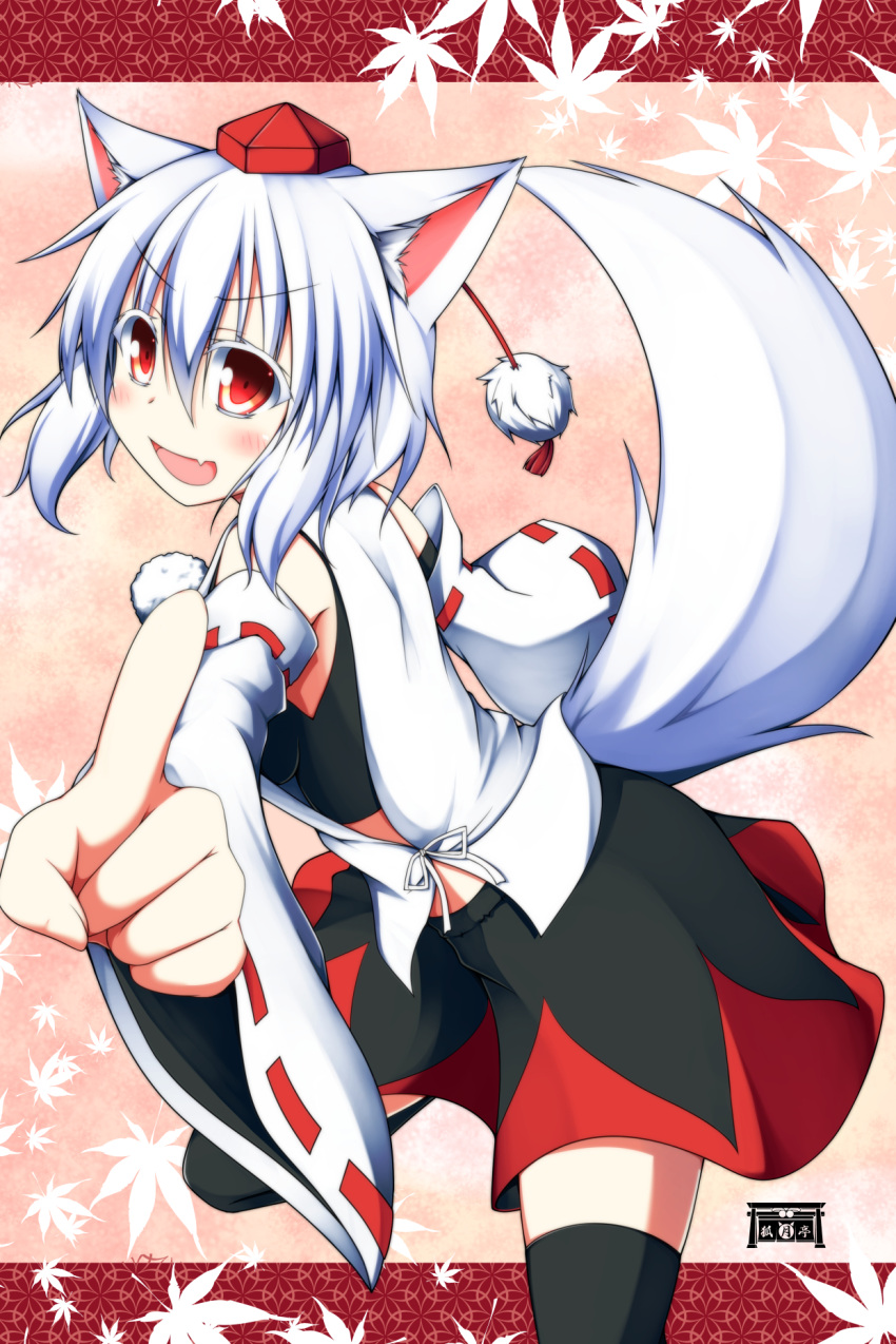 1girl animal_ears black_legwear blush breasts detached_sleeves fang hat highres inubashiri_momiji looking_at_viewer mizuki_(kogetsu-tei) open_mouth pointing pom_pom_(clothes) red_eyes ribbon-trimmed_sleeves ribbon_trim short_hair silver_hair skirt solo tail thigh-highs tokin_hat touhou wolf_ears wolf_tail