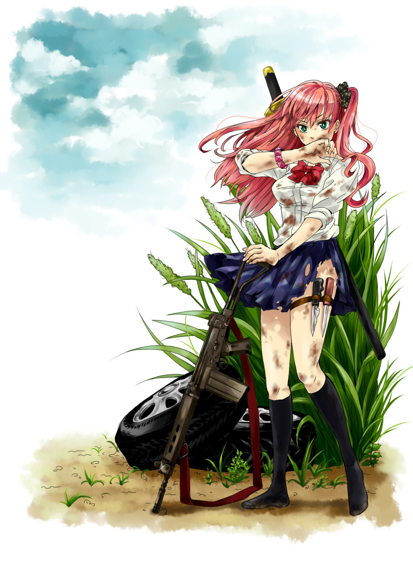 1girl absurdres amane_(yukiango69) battle_rifle black_legwear bow bracelet clouds cloudy_sky commentary dirty dress_shirt earrings fn_fal grass green_eyes gun highres holding holster jewelry katana kneehighs knife long_hair long_sleeves looking_at_viewer machine_gun miniskirt no_shoes original outdoors over_shoulder pink_hair pleated_skirt rifle school_uniform scrunchie shirt side_ponytail skirt sky sleeves_rolled_up sling solo standing sword sword_over_shoulder thigh_holster tire torn_clothes torn_skirt weapon weapon_over_shoulder white_shirt