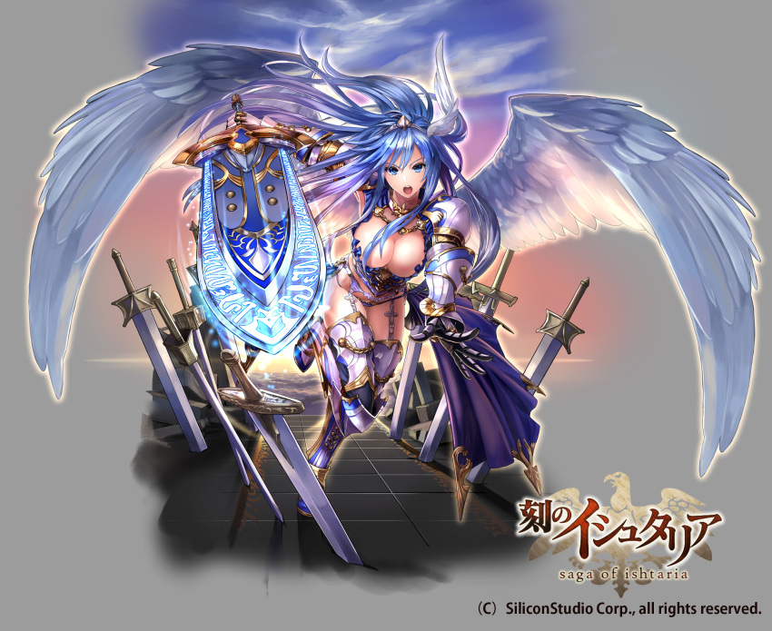 1girl age_of_ishtaria blue_eyes blue_hair breasts cleavage commentary_request copyright_name garter_straps gauntlets greatsword greaves headgear highres large_breasts looking_at_viewer official_art open_mouth reaching_out revealing_clothes solo sword tetrapod_(youhei_1985) valkyrie weapon white_wings wings