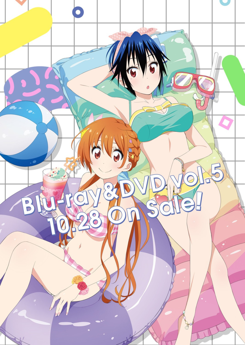 2girls anklet ball barefoot beachball bikini black_hair breasts diving_mask drink drinking_straw hair_ribbon highres innertube jewelry large_breasts multiple_girls nisekoi orange_hair ribbon snorkel sunglasses swimsuit tachibana_marika tsugumi_seishirou