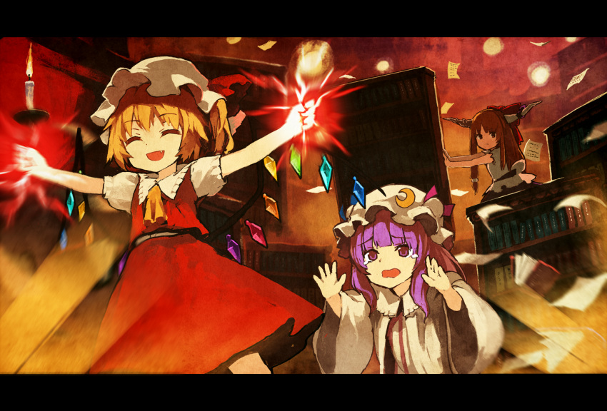 3girls blonde_hair bookshelf bow candle closed_eyes coat crescent dress fang flandre_scarlet flying_paper hair_bow hat ibuki_suika kitsune_(kazenouta) letterboxed library long_sleeves mob_cap multiple_girls oni_horns open_clothes open_coat open_mouth outstretched_arms paper patchouli_knowledge puffy_short_sleeves puffy_sleeves purple_hair shirt short_sleeves skirt skirt_set smile striped striped_dress tears touhou vest wavy_mouth wide_sleeves