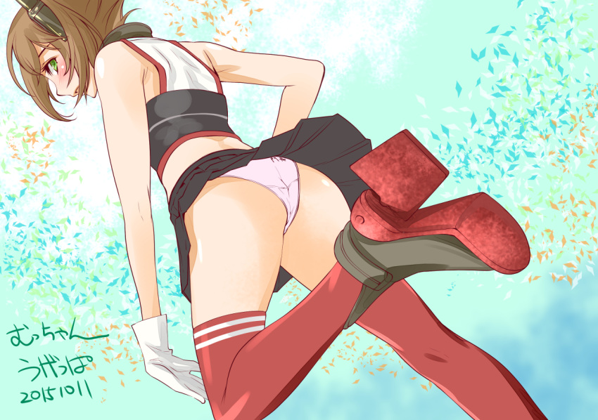 1girl ass back bare_shoulders blush brown_hair from_below gloves green_eyes hairband headgear kantai_collection looking_at_viewer looking_back mutsu_(kantai_collection) panties pantyshot short_hair skirt solo thigh-highs ugeppa underwear upskirt white_panties
