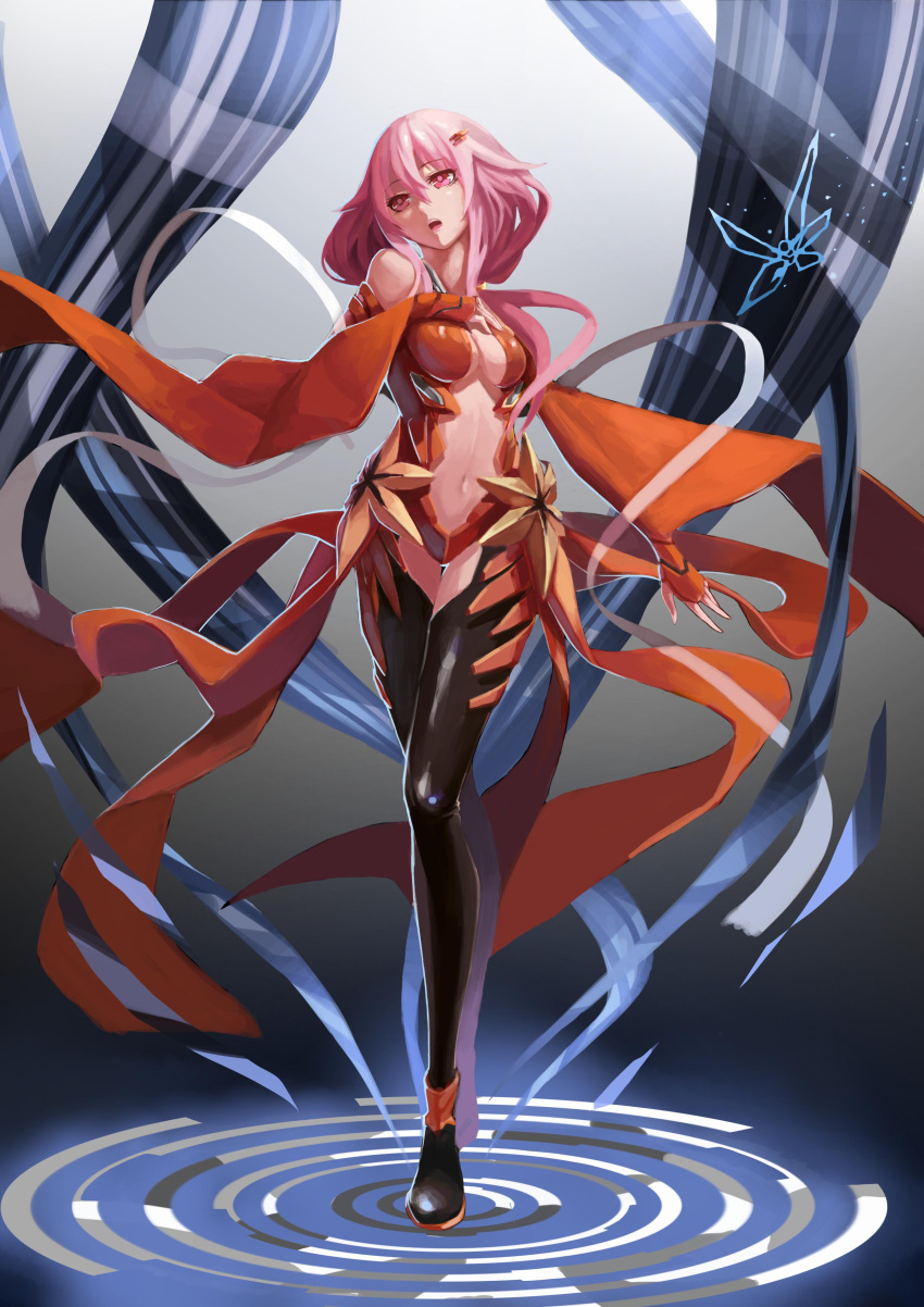 1girl absurdres bare_shoulders black_legwear breasts center_opening cleavage commentary_request detached_sleeves elbow_gloves fingerless_gloves gloves guilty_crown hair_ornament hairclip hand_on_own_chest highres hongchajun long_hair navel open_mouth pink_hair red_eyes solo thigh-highs twintails yuzuriha_inori