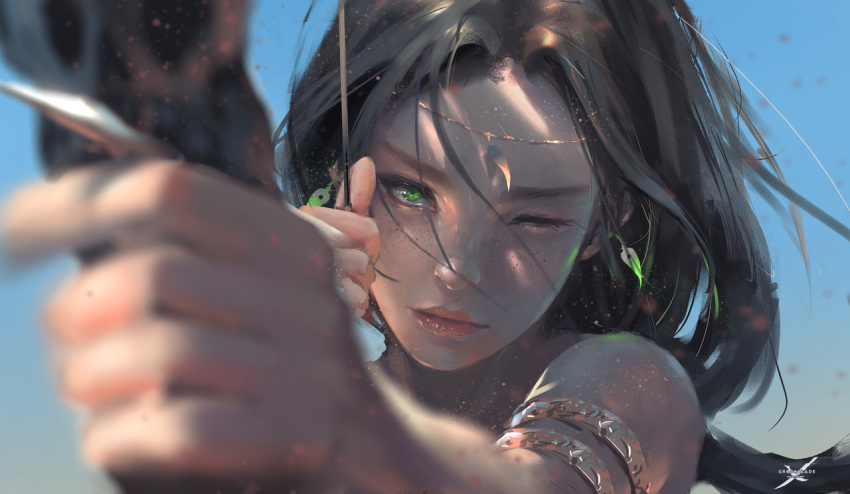 1girl aiming armlet arrow bare_shoulders black_hair blue_background blurry bow_(weapon) close-up depth_of_field diadem drawing_bow earrings expressionless eyelashes face foreshortening freckles green_eyes holding_weapon jewelry light_particles lips logo long_hair looking_at_viewer messy_hair one_eye_closed original shadow solo weapon wlop