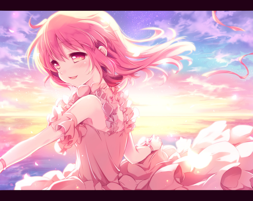 blush dress kaname_madoka mahou_shoujo_madoka_magica pink_eyes pink_hair short_hair sky smile