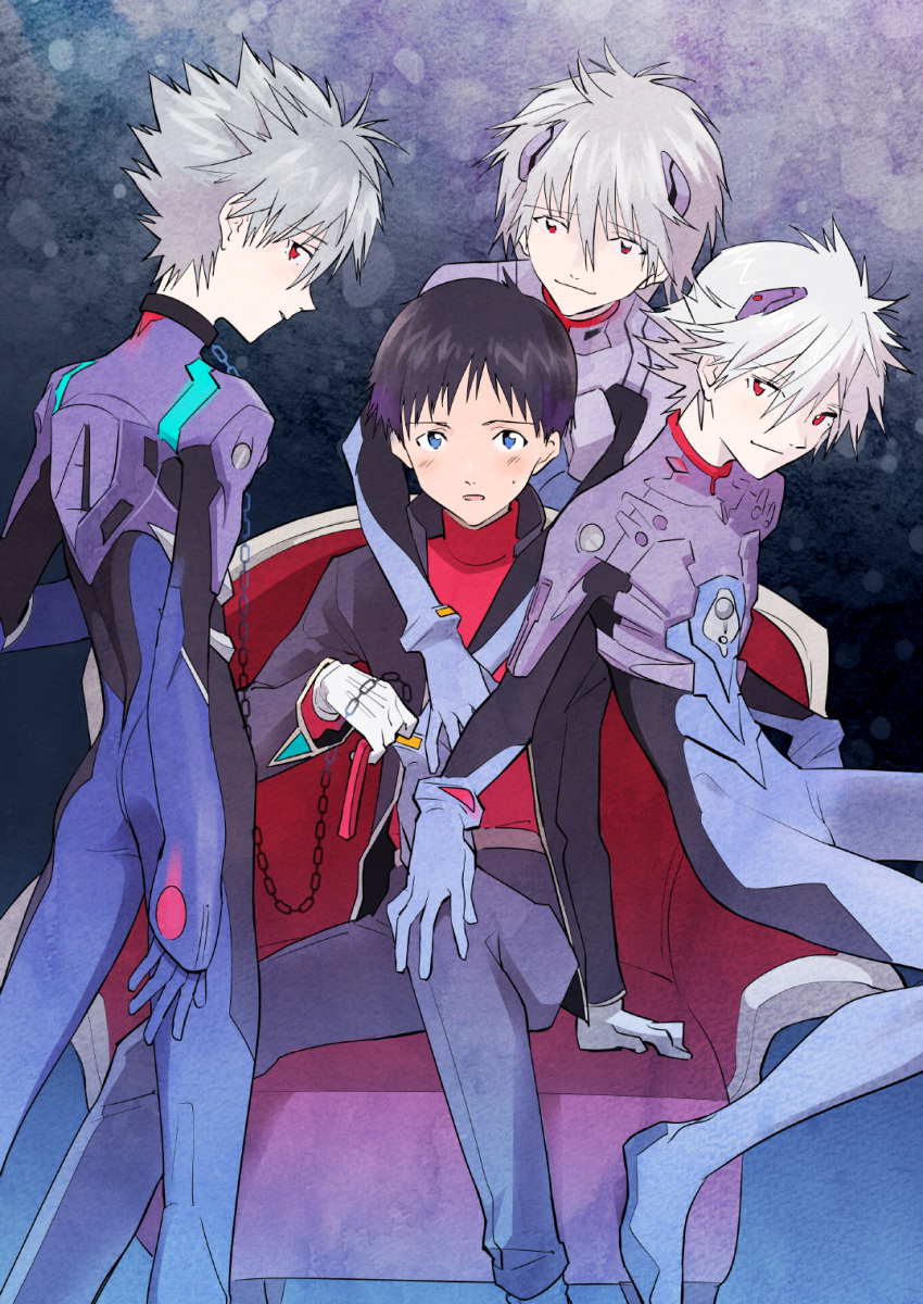 4boys :o arm_support arms_around_neck ass belt black_hair blue_eyes blush bodysuit chain chair clone collar cosplay gloves hair_between_eyes hand_on_another's_knee harem highres holding hug hug_from_behind ikari_gendou ikari_gendou_(cosplay) ikari_shinji jacket kneepits light_smile long_sleeves looking_at_viewer male_focus momohara_kana multiple_boys nagisa_kaworu neon_genesis_evangelion open_clothes open_jacket open_mouth pants parted_lips pilot_suit profile red_eyes short_hair silver_hair sitting skinny smile spiky_hair sweatdrop turtleneck white_gloves yaoi