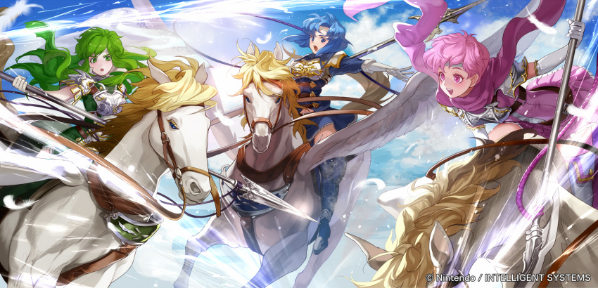 3girls :d :o armor blue_eyes blue_hair blue_skirt blue_sky dress est feathers fighting fire_emblem fire_emblem:_mystery_of_the_emblem gloves green_eyes green_hair headband highres holding_weapon katua long_hair mayo_(becky2006) multiple_girls navel official_art open_mouth paola pegasus pegasus_knight pink_dress pink_eyes pink_hair polearm riding rope scarf short_hair skirt sky smile spear text weapon white_gloves