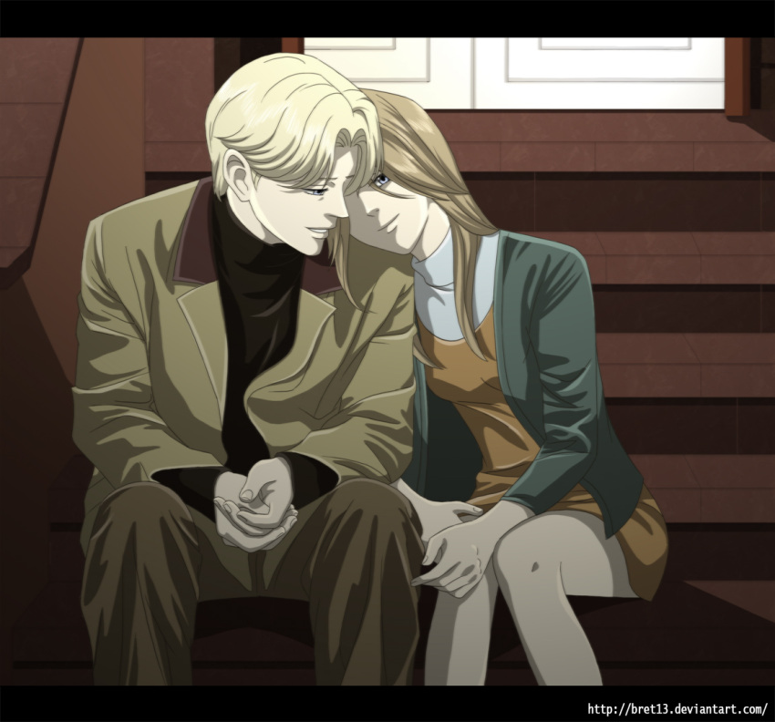 1boy 1girl anna_liebert blonde_hair blue_eyes bret13 brother_and_sister brown_hair hands_together head_on_shoulder jacket johan_liebert letterboxed monster_(manga) official_style siblings sitting stairs twins watermark web_address