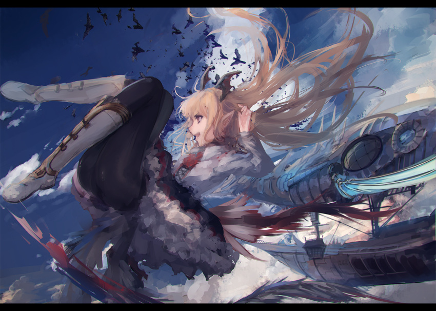 1girl airship bat black_legwear blonde_hair boots floating_hair frilled_skirt frills granblue_fantasy head_wings letterboxed long_hair open_mouth pointy_ears profile rean_(r_ean) red_eyes skirt sky solo vampy