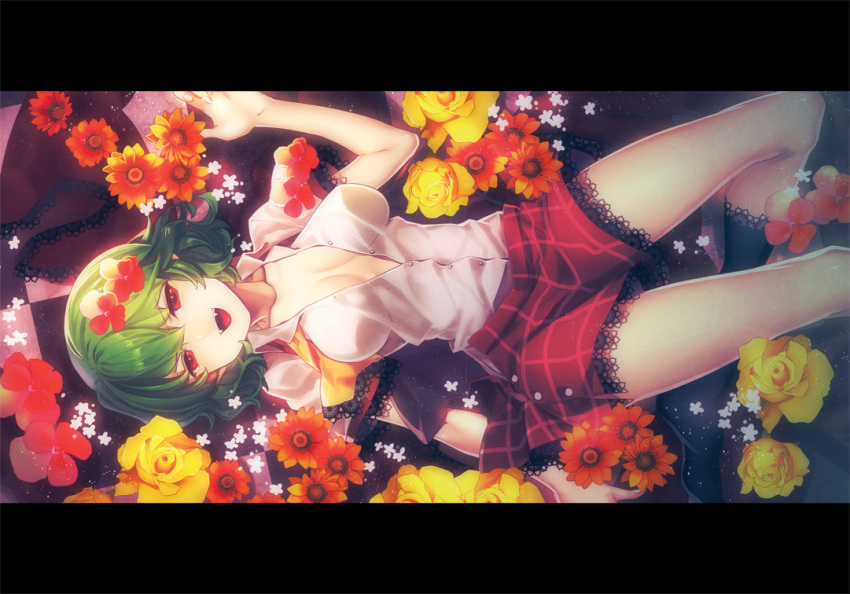 1girl breasts cleavage fangs flower green_hair hair_flower hair_ornament kazami_yuuka letterboxed looking_at_viewer lying misti on_back plaid plaid_skirt red_eyes shirt short_hair short_sleeves skirt solo touhou unbuttoned