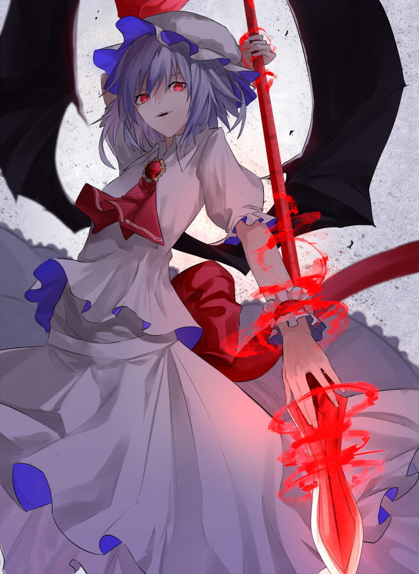 1girl ascot bat_wings brooch dress eisuto grey_hair hat hat_ribbon highres jewelry looking_at_viewer mob_cap puffy_short_sleeves puffy_sleeves red_eyes remilia_scarlet ribbon short_sleeves silver_hair solo spear_the_gungnir touhou white_dress wings wrist_cuffs