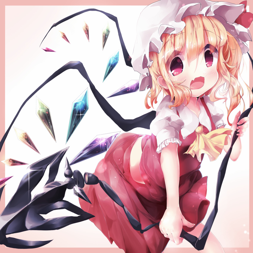 1girl akisha ascot blonde_hair blush fang flandre_scarlet hat hat_ribbon highres laevatein mob_cap open_mouth pink_eyes puffy_short_sleeves puffy_sleeves ribbon shirt short_sleeves skirt skirt_set solo touhou vest wings
