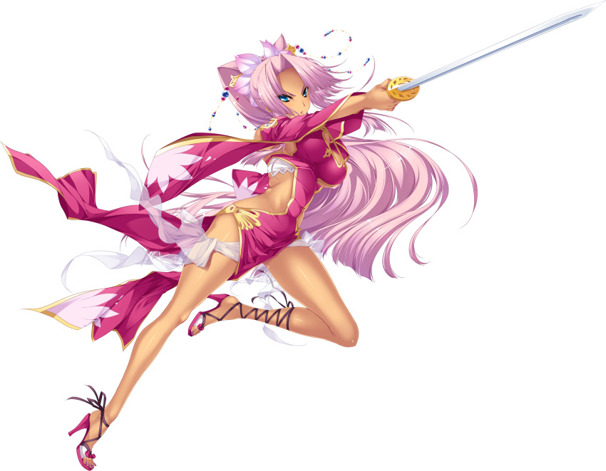 1girl absurdres aqua_eyes bare_shoulders blue_eyes breasts cleavage cleavage_cutout detached_sleeves dress forehead full_body hair_ornament highres hikage_eiji jewelry koihime_musou long_hair looking_at_viewer nail_polish necklace pink_hair ponytail revealing_clothes serious shoes side_slit solo sonsaku sword tan very_long_hair weapon white_background