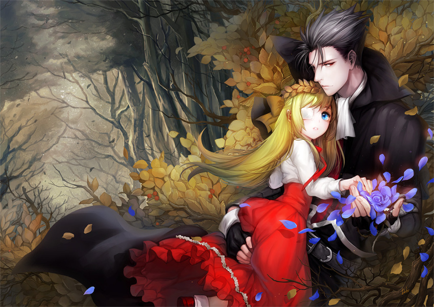 1boy 1girl ascot autumn_leaves bangs bare_tree belt black_hair blonde_hair blue_eyes bow buckle character_request clouds cloudy_sky coat danhu eyepatch fingerless_gloves floating_hair flower frilled_skirt frills gloves hair_bow head_wreath hug leaning_on_person long_hair long_skirt long_sleeves looking_at_viewer looking_back necktie outdoors parted_lips petals red_eyes red_ribbon red_skirt ribbon shirt short_hair skirt sky socks tree unlight white_legwear white_shirt wind