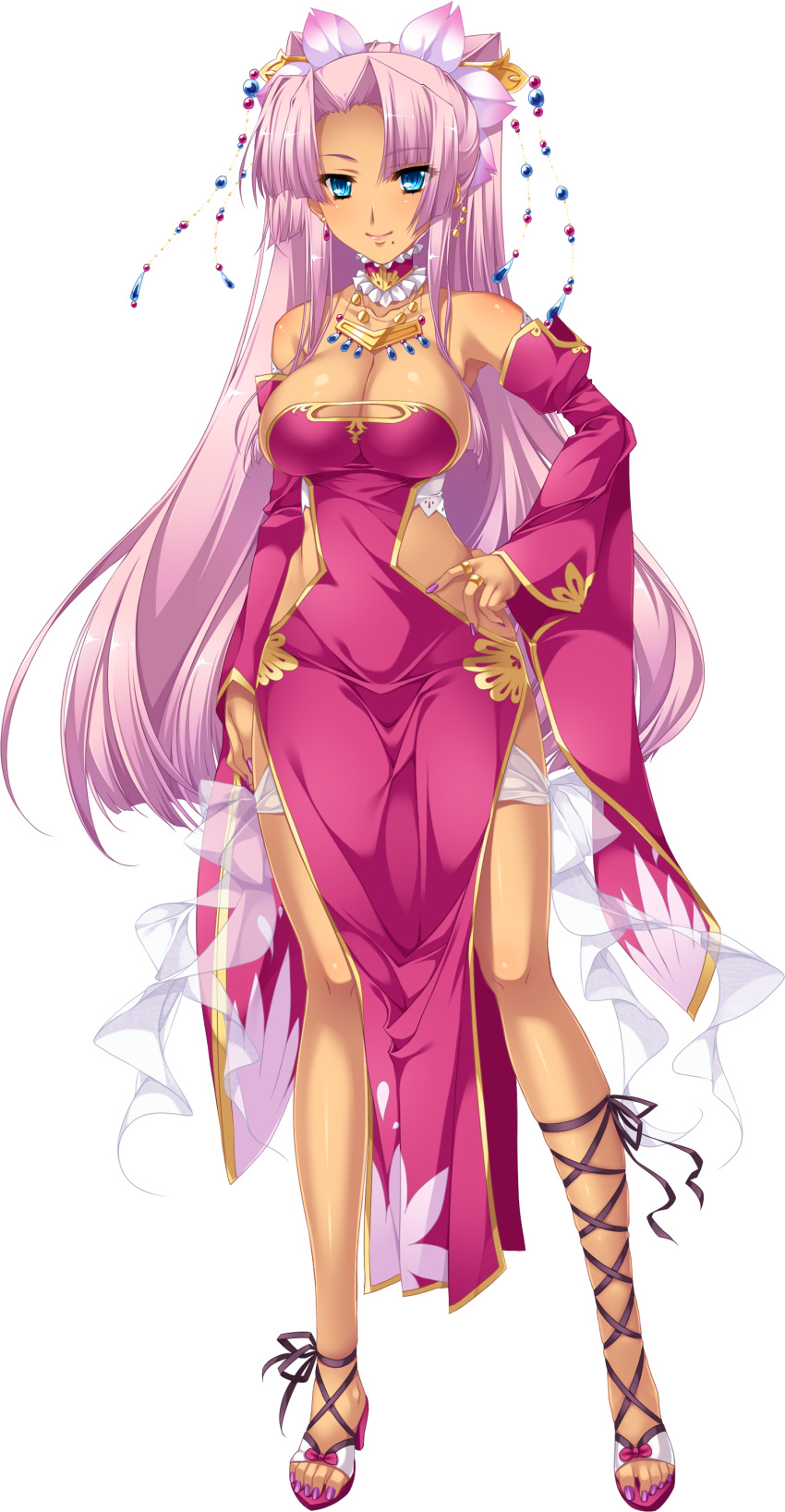 1girl absurdres bare_shoulders blue_eyes breasts cleavage cleavage_cutout dark_skin detached_sleeves dress full_body hair_ornament hand_on_hip highres hikage_eiji jewelry koihime_musou long_hair looking_at_viewer necklace pink_hair ponytail revealing_clothes shoes side_slit simple_background smile solo sonsaku very_long_hair white_background