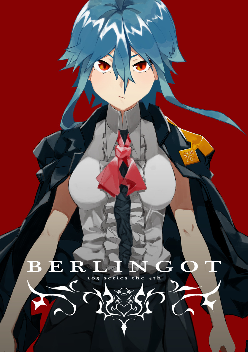 1girl absurdres adapted_costume alternate_hair_length alternate_hairstyle black_skirt blue_hair bow breasts cover cover_page highres hinanawi_tenshi jacket_on_shoulders looking_at_viewer red_background serious shiny shiny_hair shirt simple_background skirt sleeveless solo tegami_(seka) title touhou white_shirt