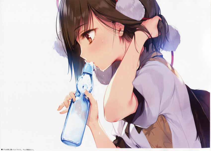 1girl black_hair black_wings bottle drinking dripping highres ke-ta pom_pom_(clothes) profile puffy_sleeves ramune red_eyes scan scan_artifacts shameimaru_aya shirt short_hair short_sleeves simple_background solo string sweat sweating text touhou translated upper_body water water_bottle wings