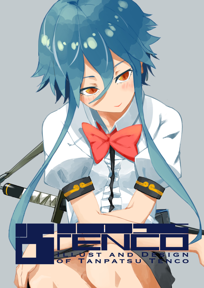 1girl adapted_costume alternate_hair_length alternate_hairstyle blue_hair blush bow character_name collared_shirt cover cover_page english hair_between_eyes head_tilt highres hinanawi_tenshi knees lavender_background looking_at_viewer orange_eyes puffy_short_sleeves puffy_sleeves sheath sheathed shirt short_hair short_hair_with_long_locks short_sleeves simple_background skirt solo squatting sword tegami_(seka) title touhou weapon white_shirt