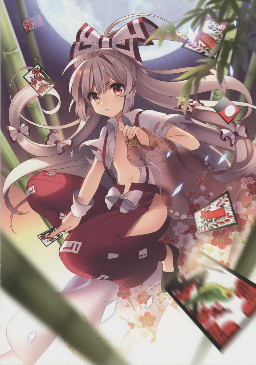 1girl absurdres bamboo bamboo_forest bow floral_print forest fujiwara_no_mokou full_body full_moon hair_bow hair_ornament hair_ribbon hanafuda highres huge_filesize long_hair looking_at_viewer masaru.jp midriff moon nature navel night night_sky open_clothes open_shirt pants ponytail red_eyes ribbon scan scan_artifacts shirt shoes short_sleeves silver_hair sky solo torn_clothes torn_sleeves touhou very_long_hair wrist_cuffs