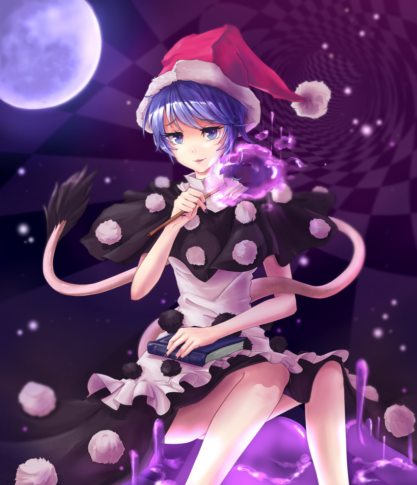 1girl blob blue_eyes blue_hair book checkered doremy_sweet dress goingtobemad hat highres moon nightcap open_mouth pom_pom_(clothes) shirt short_hair short_sleeves skirt smile smug solo tail touhou