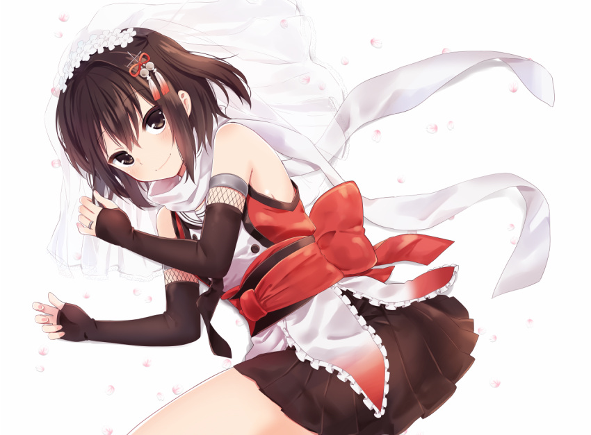 1girl bare_shoulders bridal_veil brown_eyes brown_hair fingerless_gloves gloves hair_ornament ica jewelry kantai_collection looking_at_viewer lying on_side petals remodel_(kantai_collection) ring scarf school_uniform sendai_(kantai_collection) serafuku smile solo two_side_up veil wedding_band white_background