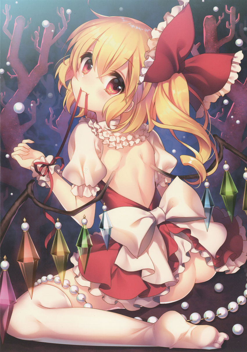 1girl absurdres ass back back_cutout blonde_hair bow crystal dress fangs flandre_scarlet frills from_behind full_body hair_bow hair_ornament highres huge_filesize looking_at_viewer looking_back masaru.jp mouth_hold no_hat no_panties puffy_sleeves red_eyes ribbon ribbon_in_mouth scan scan_artifacts short_hair short_sleeves side_ponytail smile solo thigh-highs touhou underwater white_legwear wings wrist_cuffs