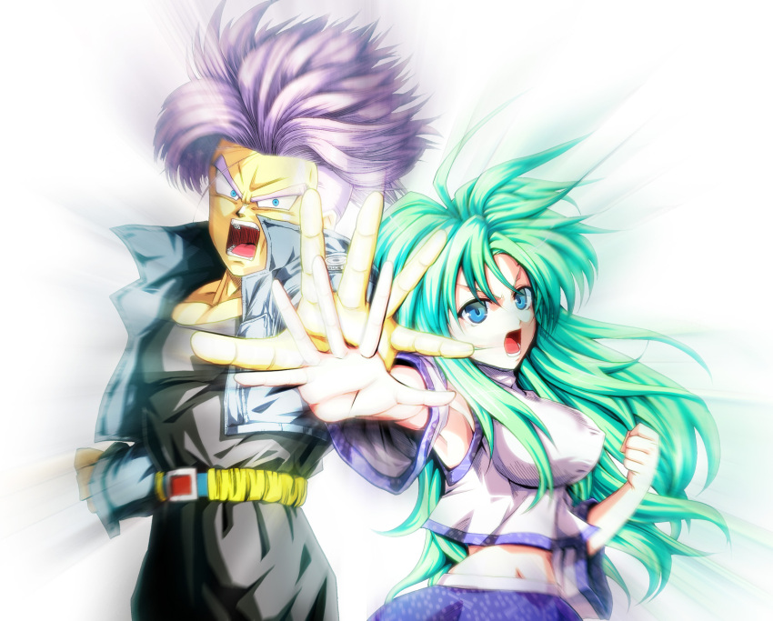 1boy 1girl back-to-back blue_eyes breasts clenched_hand crossover detached_sleeves dragon_ball dragon_ball_z green_hair highres kamishima_kanon kochiya_sanae large_breasts lavender_hair light long_hair open_mouth touhou trunks_(dragon_ball)