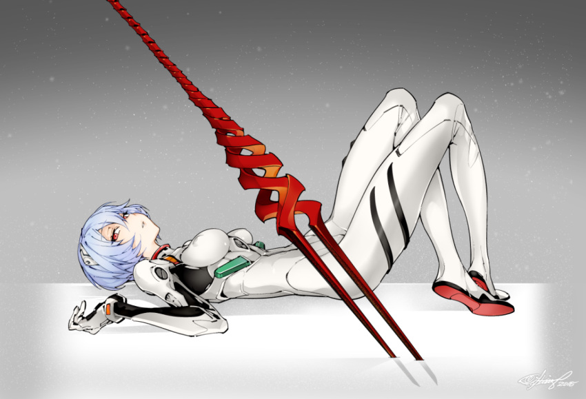 1girl 2015 alternate_breast_size ayanami_rei bangs blue_hair bodysuit bracer breasts covered_nipples crossed_legs dated fishine from_side full_body gloves gradient gradient_background grey_background hair_ornament knees_up lance_of_longinus looking_at_viewer lying neon_genesis_evangelion on_back parted_lips pilot_suit planted_weapon plugsuit polearm red_eyes shadow short_hair signature skinny solo spear turtleneck weapon