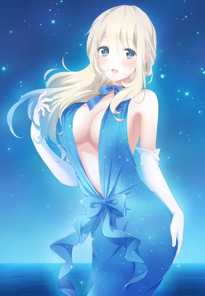 1girl alternate_costume atago_(kantai_collection) blonde_hair blue_dress blue_eyes blush breasts cleavage cowboy_shot dress elbow_gloves gloves highres kantai_collection large_breasts long_hair looking_at_viewer nanairo_fuuka night night_sky ocean open_mouth sky smile solo sparkle star_(sky) starry_sky white_gloves