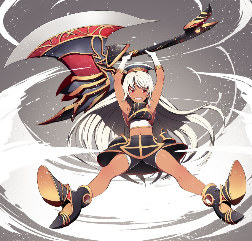 1girl absurdres battle_axe boots dark_skin gloves hat highres holding_above_head kyousin long_hair looking_at_viewer midriff phantom_of_the_kill red_eyes smile solo very_long_hair white_gloves white_hair