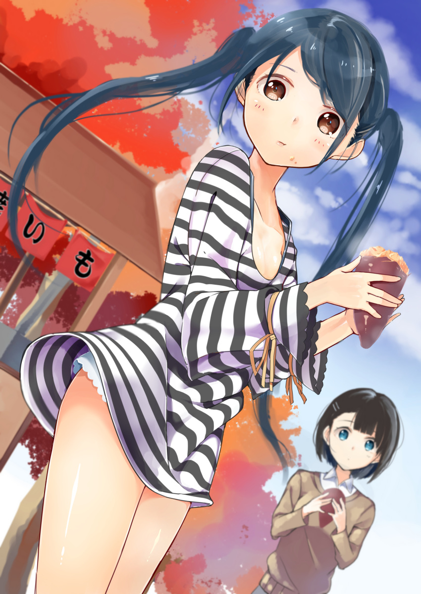 2girls :t absurdres aqua_eyes autumn bangs black_hair blue_sky blurry bob_cut brown_eyes clouds depth_of_field dutch_angle flat_chest food food_on_face food_stand hair_ornament hairclip highres holding long_hair long_sleeves looking_at_viewer multiple_girls no_pants original outdoors petticoat ribbon school_uniform shiny shiny_skin shirt shizuka_(deatennsi) short_hair sky striped striped_shirt sweater sweet_potato swept_bangs twintails wing_collar