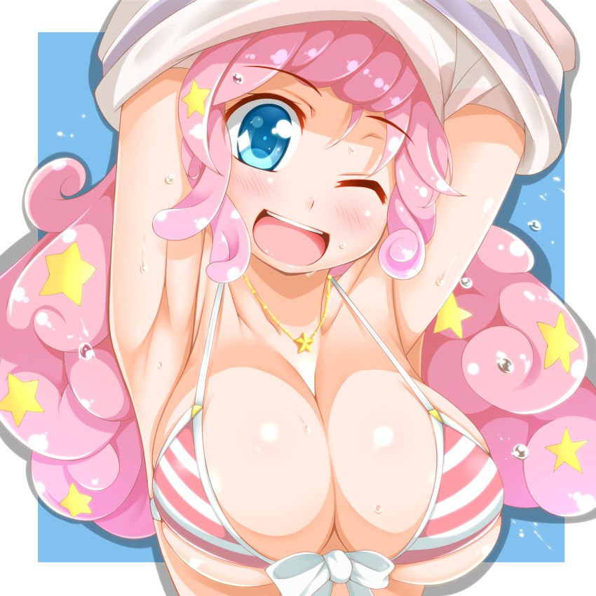 1girl armpits arms_up bikini_top blush breasts cleavage commentary_request dou-t highres large_breasts long_hair moa_(show_by_rock!!) one_eye_closed open_mouth pink_hair show_by_rock!! smile solo undressing