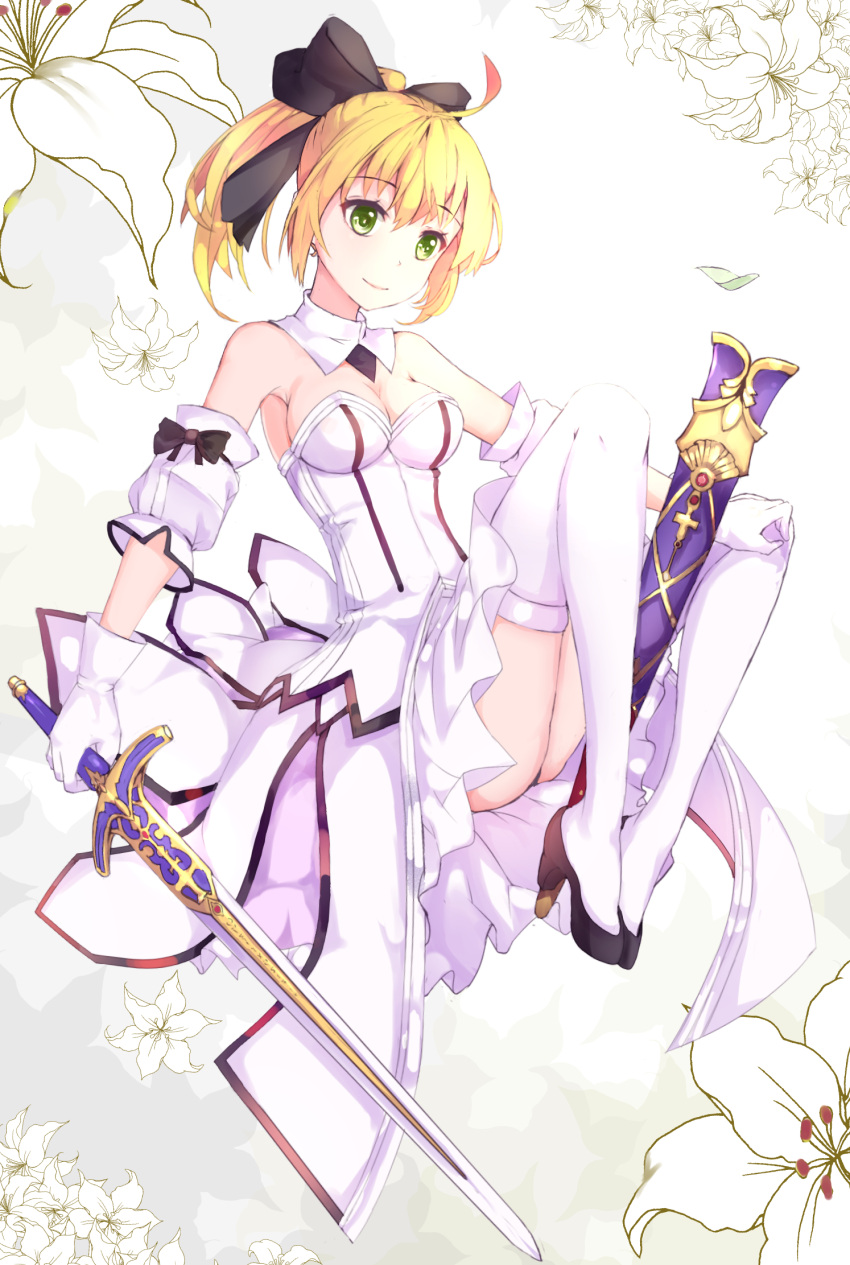1girl black_ribbon breasts caliburn cleavage detached_sleeves dress fate/stay_night fate_(series) flower green_eyes hair_ribbon high_heels highres holding_sword holding_weapon ponytail ribbon saber saber_lily scabbard sheath smile solo sword thigh-highs weapon white_legwear z_shichao