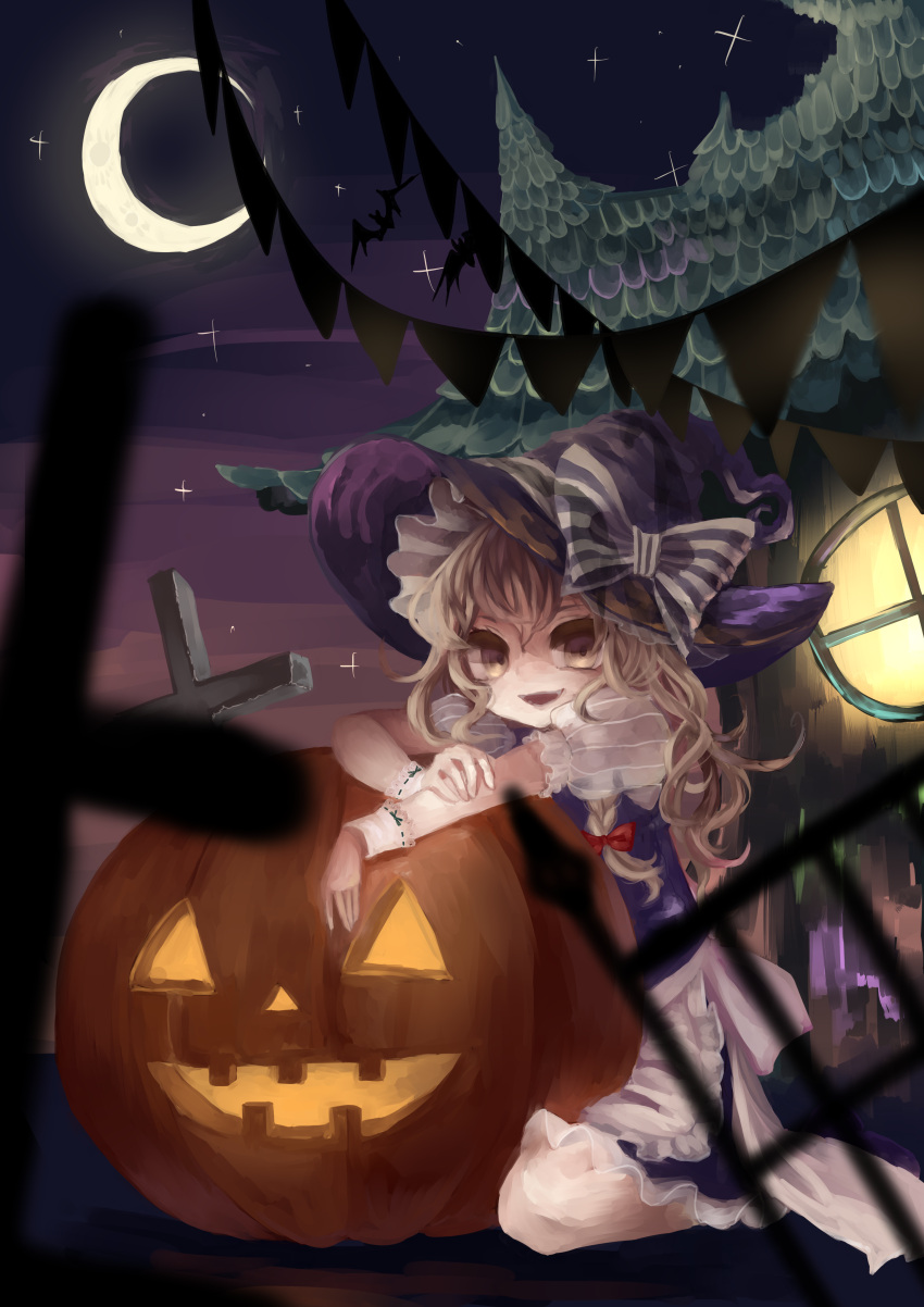 1girl absurdres apron arm_rest bangs bat blonde_hair bow braid crescent_moon cross hair_bow halloween hat hat_bow highres house jack-o'-lantern kirisame_marisa long_hair looking_at_viewer moon night night_sky open_mouth outdoors pennant puffy_short_sleeves puffy_sleeves short_sleeves side_braid single_braid sitting sky smile solo string_of_flags striped striped_bow tamago_tyoko_(ijen0703) touhou waist_apron wariza window witch_hat wrist_cuffs yellow_eyes