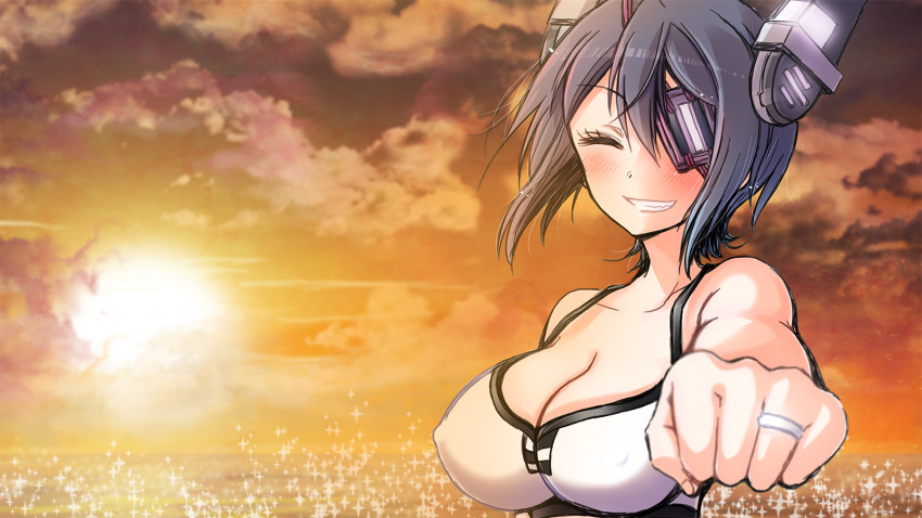 1girl bikini blush breasts cleavage closed_eyes collarbone covered_nipples eyepatch grin happy headgear highres jewelry kantai_collection large_breasts nature ocean purple_hair ring short_hair smile solo swimsuit tenryuu_(kantai_collection) wedding_band yuzuki_ryouta