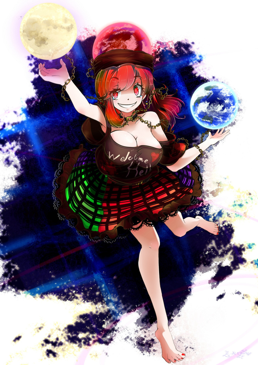 1girl absurdres bare_shoulders barefoot breasts chain cleavage clothes_writing earth_(ornament) grin hat hecatia_lapislazuli highres lace-trimmed_skirt large_breasts moon_(ornament) nail_polish plaid plaid_skirt red_eyes redhead skirt smile solo touhou zetamanas_atman