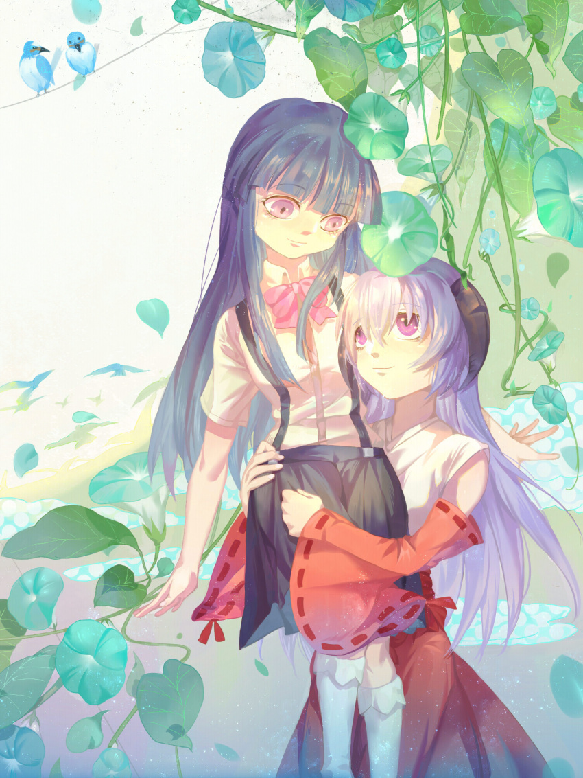 2girls bangs bird blue_hair blue_skirt blunt_bangs bow bowtie dama_(sindygao) detached_sleeves flower friends furude_rika hair_between_eyes hakama hanyuu highres higurashi_no_naku_koro_ni holding horns hug ipomoea japanese_clothes kneehighs leaf long_hair looking_at_another miko multiple_girls pants pink_bow purple_hair red_pants school_uniform skirt suspenders vines violet_eyes white_legwear wide_sleeves