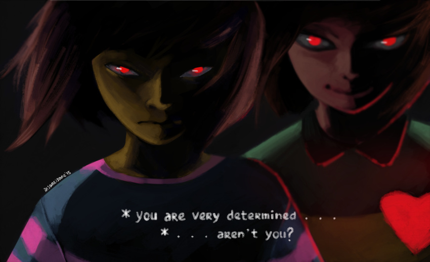 androgynous brown_hair chara_(undertale) collared_shirt dark_persona dual_persona english frisk_(undertale) glowing glowing_eyes heart insaneisane red_eyes shirt smile spoilers striped striped_shirt tagme undertale