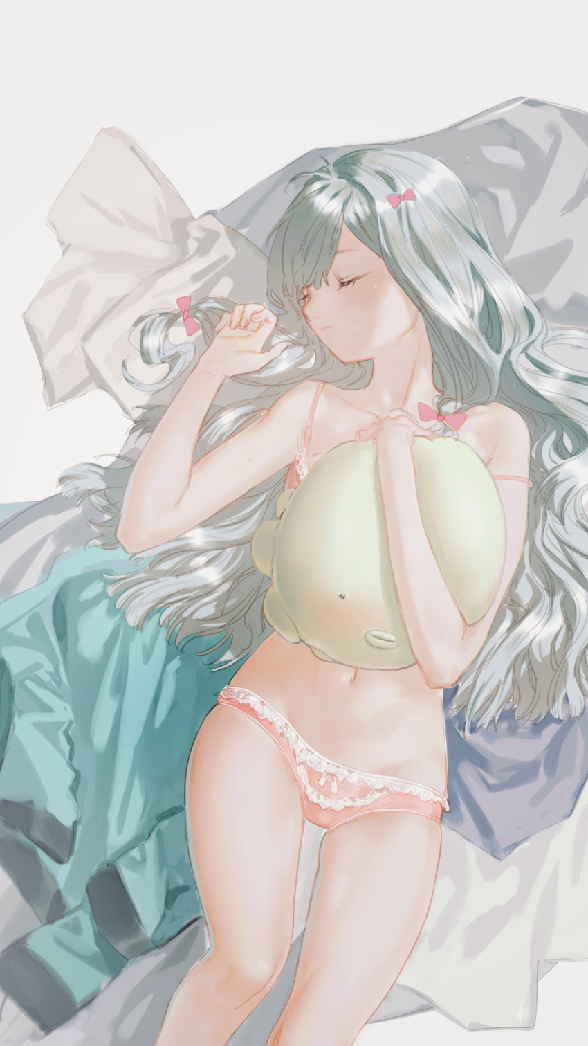 1girl antenna_hair armpit_crease backlighting bad_proportions bangs bare_arms bare_shoulders bed_sheet blunt_ends bow bow_panties closed_eyes collarbone curled_fingers eromanga_sensei eyelashes feet_out_of_frame frilled_panties frills grey_background groin hair_between_eyes hair_bow hair_ribbon hair_spread_out hands_up highres indoors izumi_sagiri jacket jacket_removed kkia knee_up lace-trimmed_panties lace_trim lingerie long_hair lowleg lowleg_panties lying mole_on_arm muted_color navel object_hug on_back panties parted_lips pink_bow pink_panties ribbon shiny shiny_hair silver_hair skindentation sleeping solo stomach strap_slip stuffed_animal stuffed_octopus stuffed_toy swept_bangs thigh_gap thighs tress_ribbon underwear underwear_only very_long_hair
