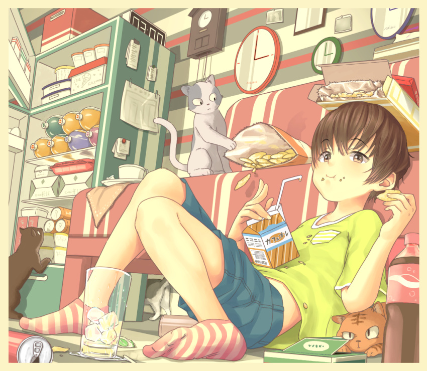 1boy analog_clock bag bangs bendy_straw bottle box brown_eyes brown_hair candy_wrapper cardboard_box carton cat cereal chips clock container couch crumbs cuckoo_clock cup digital_clock drinking_glass drinking_straw eating food food_on_face glass green_shirt ice ice_cube indoors knees_together_feet_apart looking_at_viewer male_focus no_shoes object_on_head on_floor open_door original plate potato_chips reclining refrigerator shirt short_hair shorts sitting socks soda soda_bottle soda_can solo striped striped_legwear teacup tissue_box