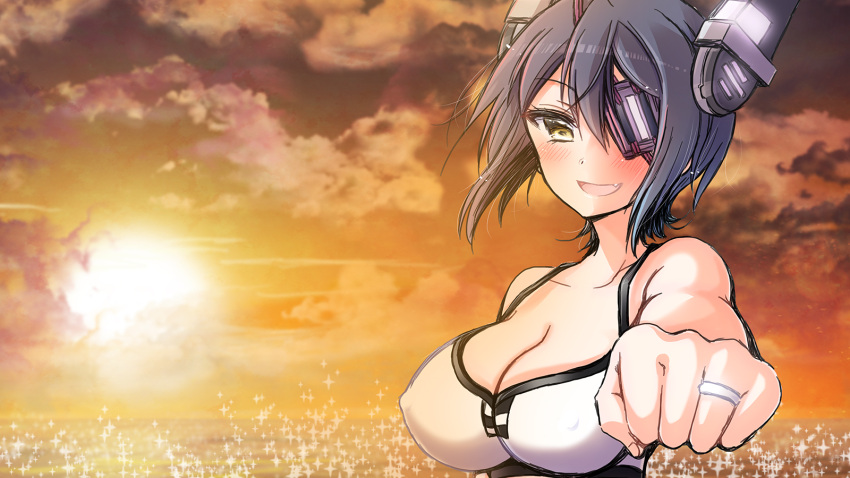 1girl bikini blush breasts cleavage collarbone covered_nipples eyepatch fang headgear highres jewelry kantai_collection large_breasts looking_at_viewer nature ocean open_mouth purple_hair ring short_hair solo swimsuit tenryuu_(kantai_collection) wedding_band yellow_eyes yuzuki_ryouta