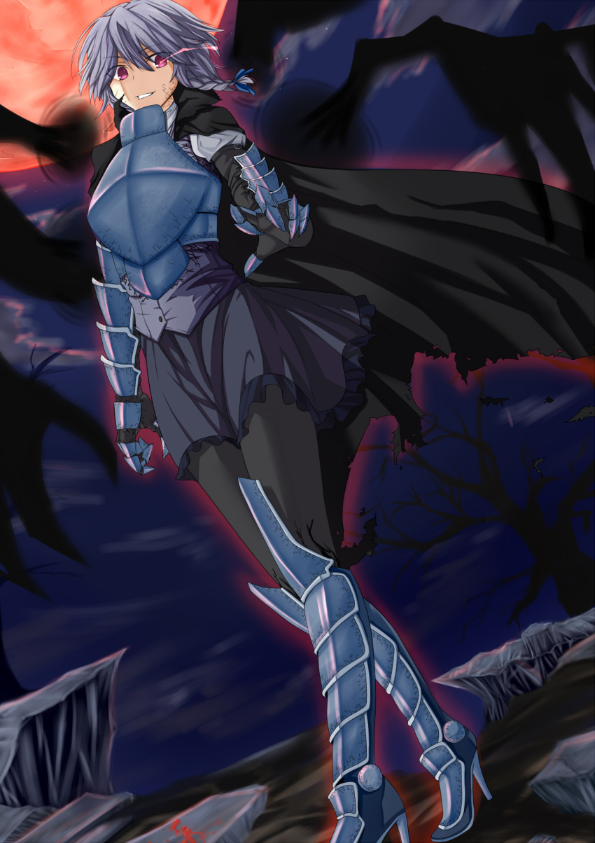 1girl akashiro_sen armor blood blood_splatter blue_bow bow braid breastplate cape commentary_request fusion gauntlets glowing glowing_eye greaves hair_bow high_heels highres izayoi_sakuya looking_at_viewer m.u.g.e.n moon pantyhose red_moon satsujinki short_hair silver_hair single_braid smile solo touhou violet_eyes