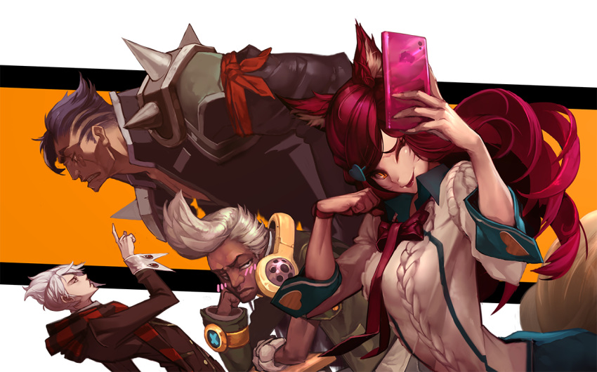 1girl 3boys ahri alternate_costume alternate_hair_color alternate_hairstyle animal_ears bandaid black_hair blush cellphone cellphone_camera chin_rest clenched_teeth closed_eyes commentary darius_(league_of_legends) dark_skin duto ekko_(league_of_legends) fang fox_ears fox_tail headphones height_difference league_of_legends looking_at_viewer multiple_boys one_eye_closed parted_lips phone pointing pointing_up redhead scarf self_shot shoulder_spikes slit_pupils spikes tail vladimir whisker_markings white_blouse white_hair yellow_eyes