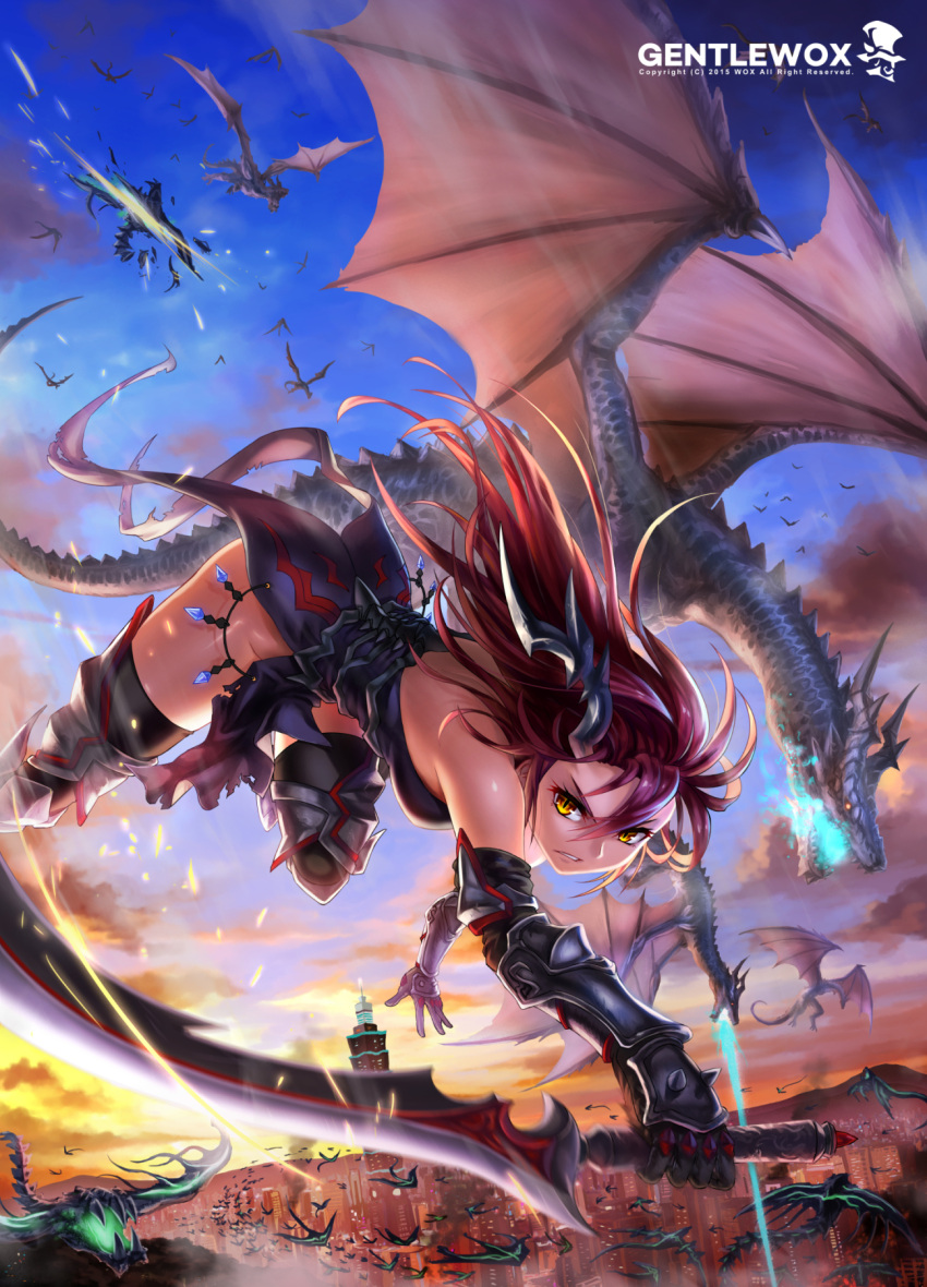 1girl 2015 armor armored_dress breasts cityscape clenched_teeth clouds cloudy_sky collarbone commentary_request dated dragon dragon_girl dragon_horns flying frown gauntlets greaves highres holding_sword holding_weapon horns long_hair looking_at_viewer monster_girl mountain original outdoors redhead serious sky slit_pupils smoke solo sword tail taipei_101 twilight watermark weapon wox yellow_eyes