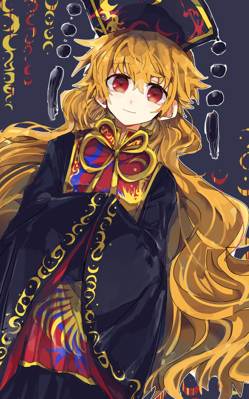 1girl animal_print aoiro_(user68580594) bangs belt bird_print black_belt black_dress black_headwear bow bowtie chinese_clothes closed_mouth crescent crescent_print dress hair_between_eyes hands_up hat highres junko_(touhou) long_hair long_sleeves looking_at_viewer mandarin_collar orange_hair own_hands_together phoenix_crown phoenix_print pom_pom_(clothes) purple_background red_eyes red_tabard smile solo standing tabard touhou very_long_hair wavy_hair wide_sleeves yellow_bow yellow_bowtie