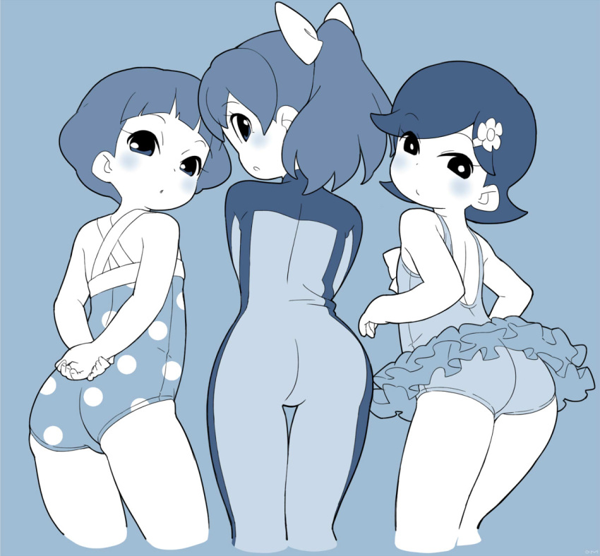 3girls :/ :o arms_behind_back ass back bangs blue blunt_bangs blush bodysuit bow bright_pupils casual_one-piece_swimsuit cowboy_shot cropped_legs flat_chest flipped_hair flower from_behind hair_bow hair_flower hair_ornament hayashi_satoko high_ponytail holding_arm kodama_fumika layered_skirt long_hair looking_at_viewer looking_back monochrome multiple_girls om_(artist) one-piece_swimsuit open_mouth polka_dot polka_dot_swimsuit profile short_hair simple_background suzuki_chiyo swept_bangs swimsuit swimsuit_skirt thigh_gap twisted_neck wetsuit youkai_watch