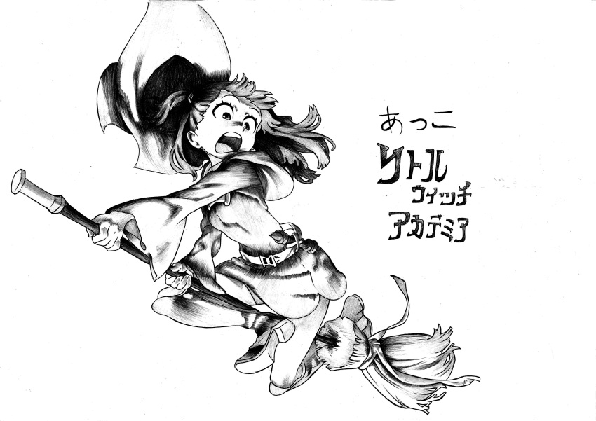 1girl absurdres akko_kagari broom character_name copyright_name graphite_(medium) greyscale hat highres little_witch_academia long_hair monochrome scared simple_background solo traditional_media white_background witch witch_hat
