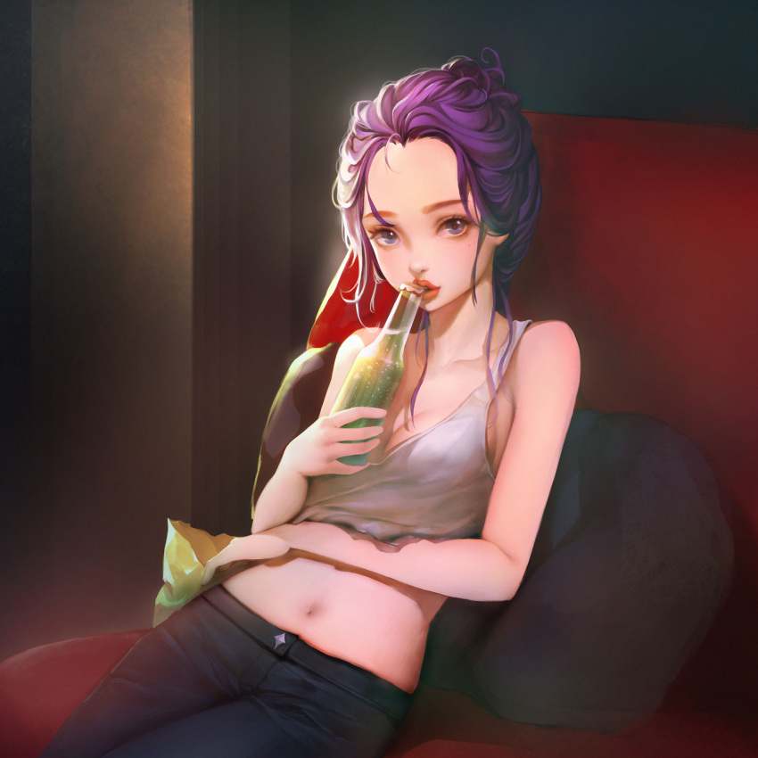 1girl arm_rest bag bare_arms bare_shoulders blue_eyes bottle breasts chair cleavage crop_top cushion denim expressionless eyebrows eyelashes highres jeans lips lipstick looking_at_viewer makeup midriff navel no_bra original orry pants parted_lips pillow purple_hair reclining red_lipstick short_hair soda_bottle solo tank_top